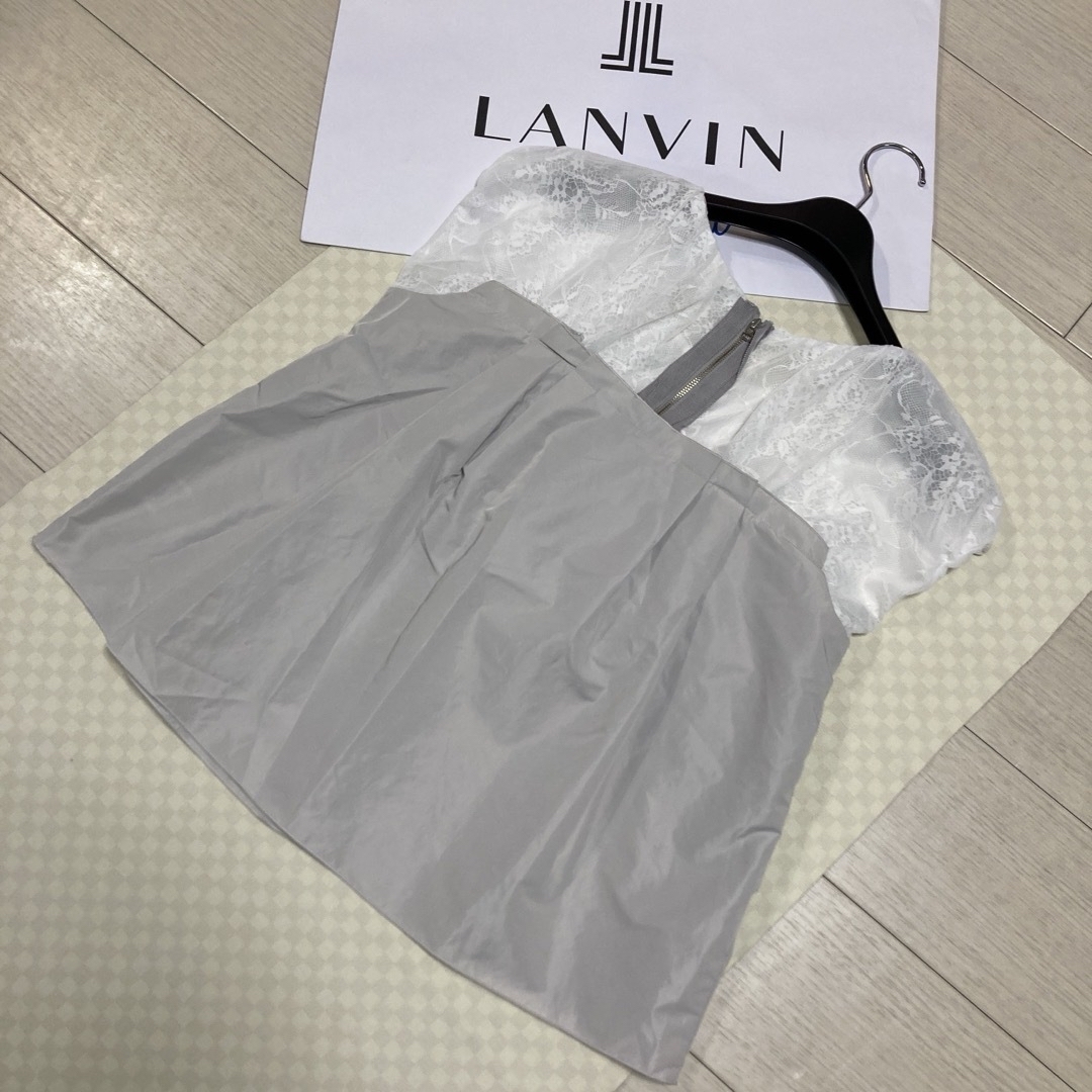 LANVIN en Bleu(ランバンオンブルー)の定価¥25,300 ランバンオンブルー レースリボンカットソー(白×グレー)３８ レディースのトップス(Tシャツ(半袖/袖なし))の商品写真