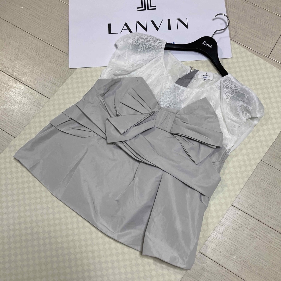 LANVIN en Bleu(ランバンオンブルー)の定価¥25,300 ランバンオンブルー レースリボンカットソー(白×グレー)３８ レディースのトップス(Tシャツ(半袖/袖なし))の商品写真