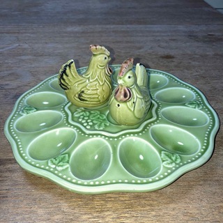ヴィンテージ陶器1950年卵皿&鶏SPセットクラッシックグリーンNew Orle(インテリア雑貨)