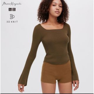 ユニクロ(UNIQLO)の美品！UNIQLOユニクロ 3Dリブスクエアネックセーター　ブラウン(ニット/セーター)