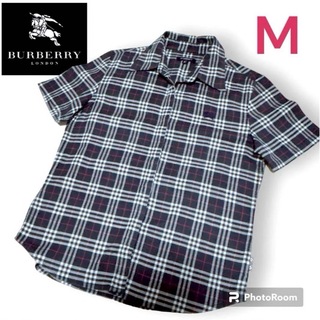 BURBERRY - バーバリーロンドン　ノバチェック　半袖　シャツ　M  ロゴ刺繍　ネイビー　黒