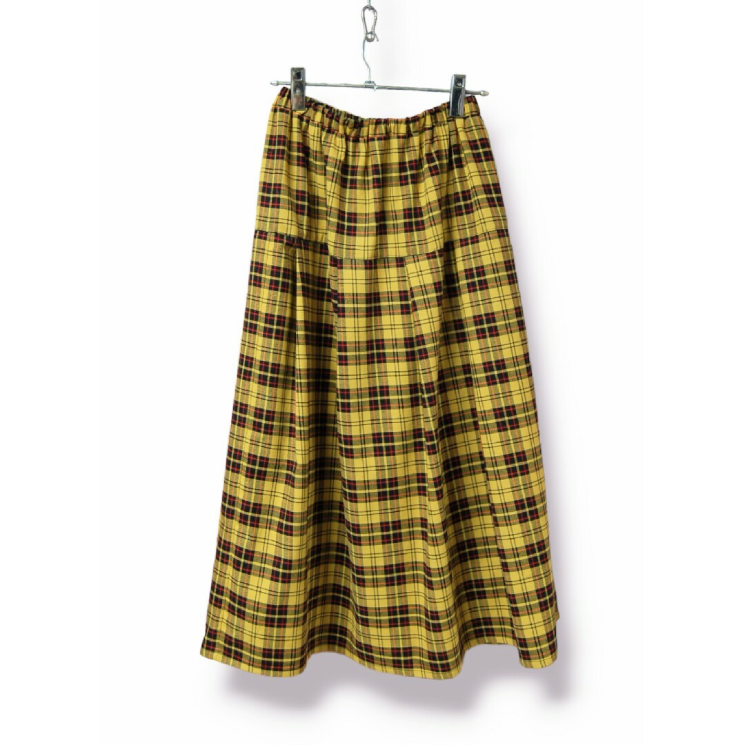 タータンチェック　切り替えプリーツフレアロングスカート:イエロー レディースのスカート(ロングスカート)の商品写真