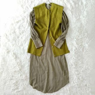 アメリヴィンテージ(Ameri VINTAGE)の【美品】アメリ ニットベスト付き シャツワンピース ストライプ グリーン S(ロングワンピース/マキシワンピース)