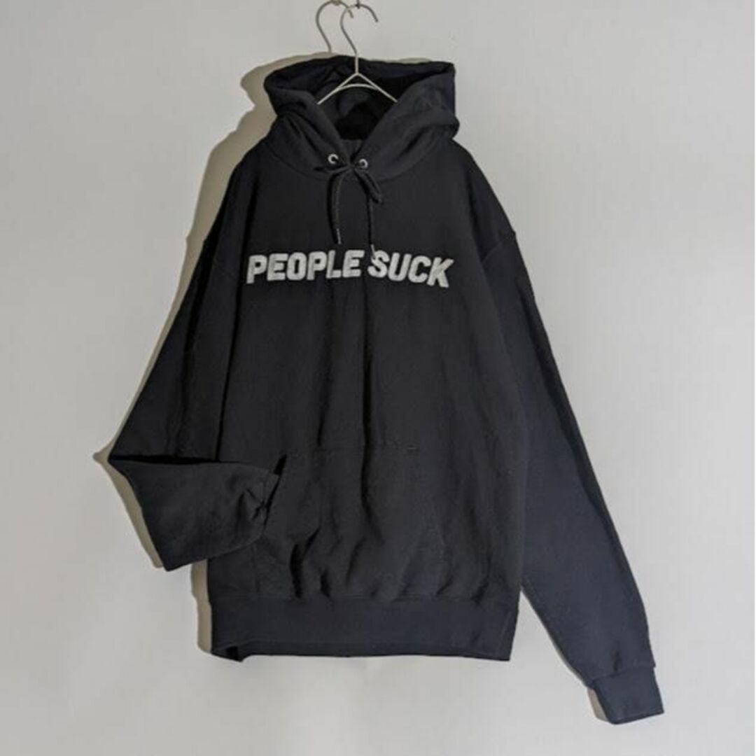 Champion(チャンピオン)の古着 パーカー チャンピオン プリント PEAPLE SUCK 黒 メンズのトップス(パーカー)の商品写真