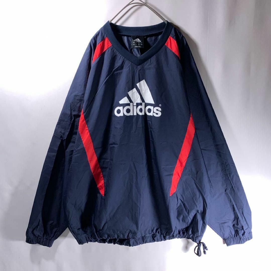 adidas(アディダス)の00s 古着 adidas ナイロン プルオーバー ピステ ネイビー 赤 L メンズのジャケット/アウター(ナイロンジャケット)の商品写真