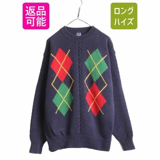 90s OLD GAP コットン デザイン ニット セーター メンズ XL 程/ 90年代 オールド ギャップ アーガイル 紺タグ ヘビーウェイト 大きいサイズ(ニット/セーター)