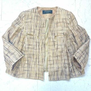 【アドーア】美品 春秋 日本製 綿麻コットン ツィード ノーカラー ジャケット