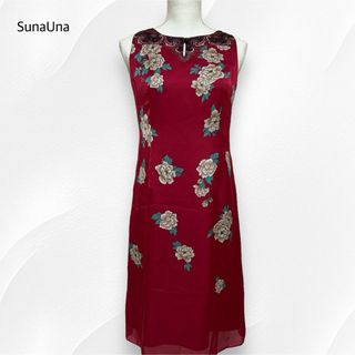 美品＊SunaUna 花柄 ワンピース 赤 38