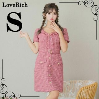 ジュエルズ(JEWELS)のLoveRich 半袖 ツイード ジップ キャバドレス S ピンク(ミニドレス)