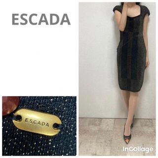 ESCADA - 美品エスカーダ　ロゴプレート付デコルテ開きラメニットタイトワンピースXSブラック