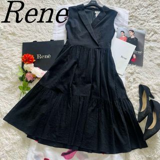 ルネ(René)の【美品】Rene ロングワンピース ブラック フレア ノースリーブ 36(ひざ丈ワンピース)