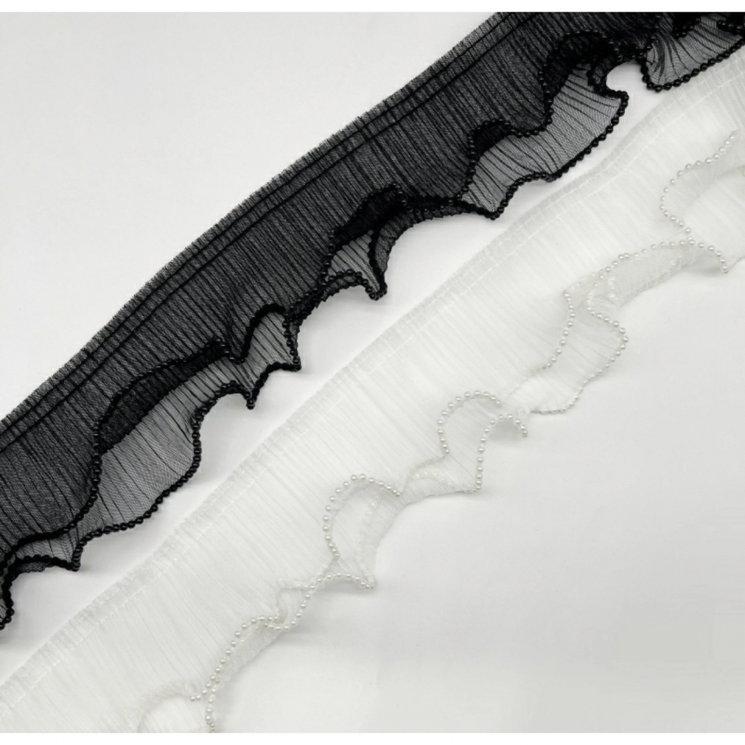 帯揚げ チュールリボン オーガンジー 成人式 七五三 和装 パール ブラック ハンドメイドの素材/材料(生地/糸)の商品写真