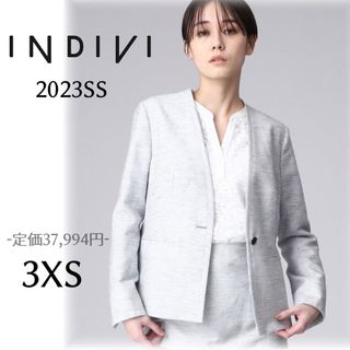 インディヴィ(INDIVI)の【2023SS】美品 インディヴィ  綿麻混 ノーカラージャケット 小さいサイズ(ノーカラージャケット)