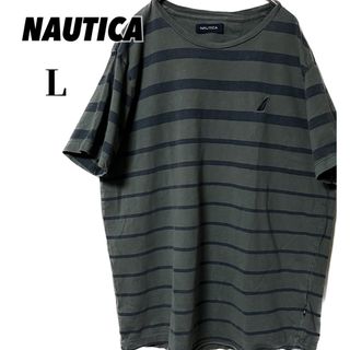 ノーティカ(NAUTICA)のNAUTICA ワンポイント 刺繍ロゴ Ｔシャツ メンズ L カーキ ボーダー(Tシャツ/カットソー(半袖/袖なし))