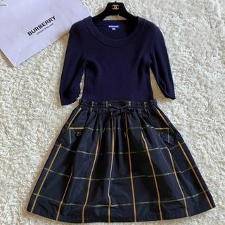 バーバリーブルーレーベル(BURBERRY BLUE LABEL)の美品✨バーバリーブルーレーベル ニットドッキングワンピース 長袖　チェック　38(ひざ丈ワンピース)