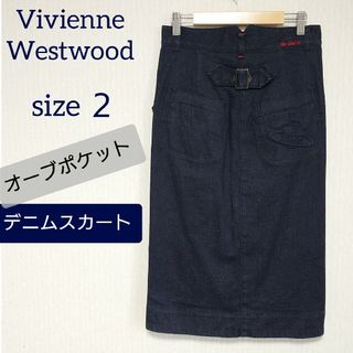 ヴィヴィアンウエストウッド(Vivienne Westwood)のvivienne westwood オーブ刺繍 膝丈 インディゴデニムスカート(ひざ丈スカート)