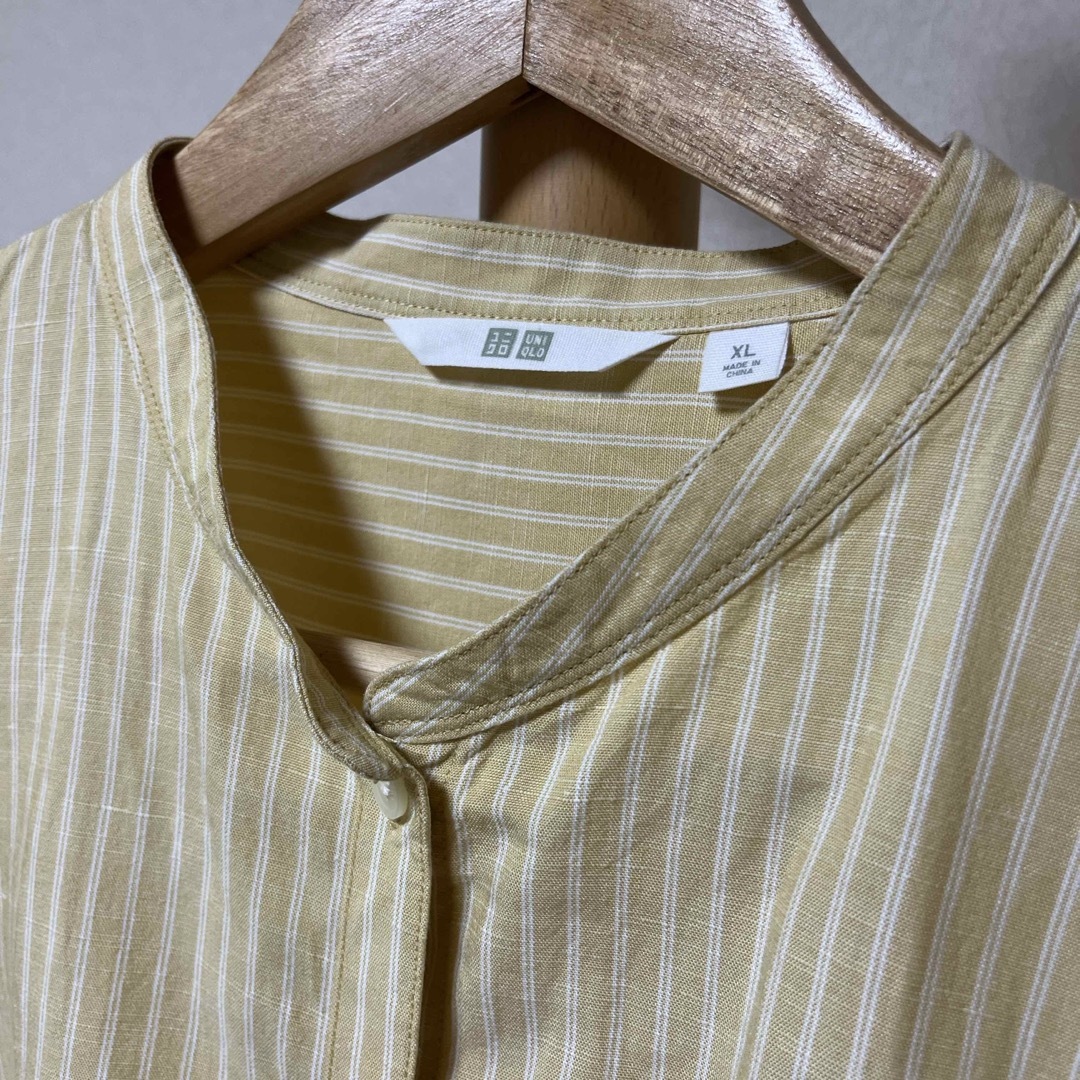 UNIQLO(ユニクロ)の【used】ユニクロ　リネンブレンドストライプバンドカラーシャツ　7分袖 レディースのトップス(シャツ/ブラウス(長袖/七分))の商品写真