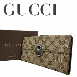 グッチ(Gucci)のGUCCI グッチ　w1 長財布　GGキャンバス　ホック　シルバー金具　ブラウン(Tシャツ(半袖/袖なし))