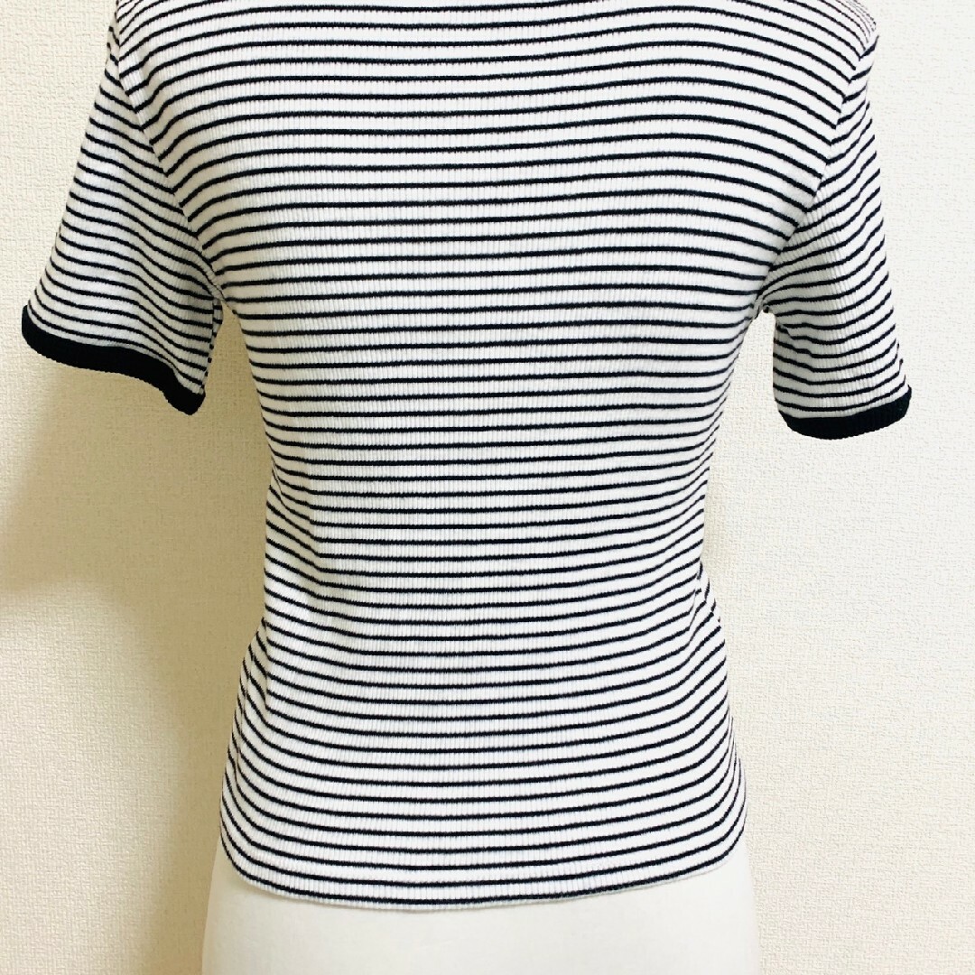アクアリーフ　半袖カットソー　F　ブラック　ホワイト　ボーダー　カジュアル　綿 レディースのトップス(カットソー(半袖/袖なし))の商品写真