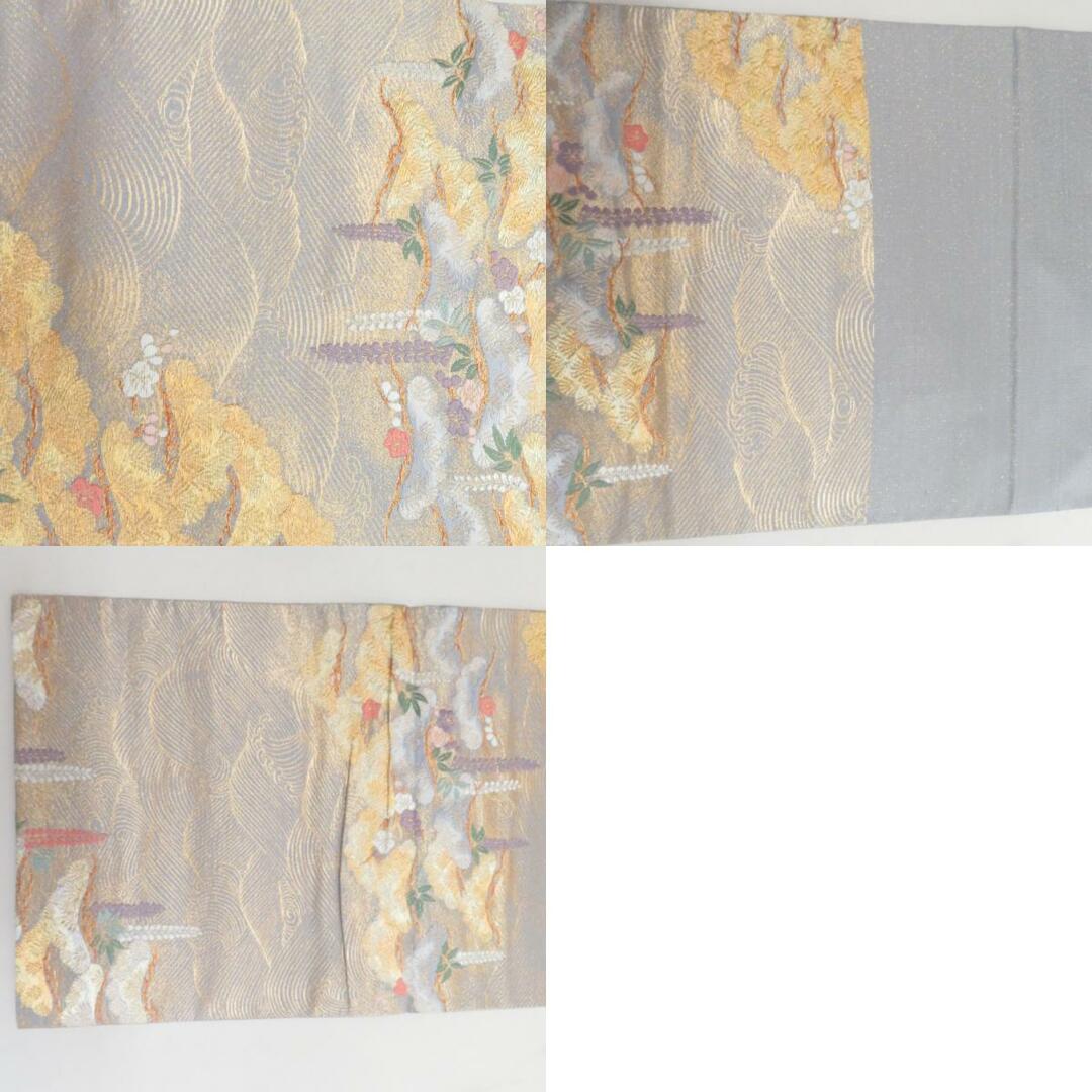 袋帯 ゴールドｘグレー 刺繍入り 波に松と藤模様 正絹 金糸 六通柄 フォーマル 仕立て上がり 着物帯 長さ432cm 美品 レディースの水着/浴衣(帯)の商品写真