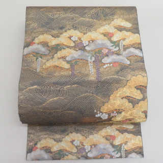 袋帯 ゴールドｘグレー 刺繍入り 波に松と藤模様 正絹 金糸 六通柄 フォーマル 仕立て上がり 着物帯 長さ432cm 美品(帯)