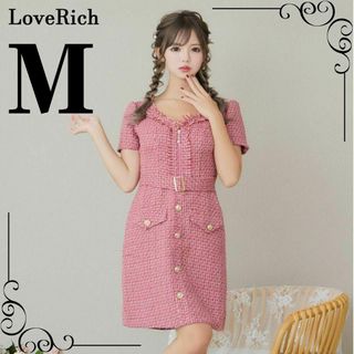 ジュエルズ(JEWELS)のLoveRich ツイードジップ キャバドレス M ピンク 背中隠し 露出少なめ(ミニドレス)