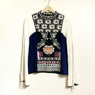 エムエスジイエム(MSGM)のMSGM(エムエスジィエム) 長袖カットソー サイズ40 M レディース - アイボリー×黒×マルチ クルーネック/ニット/シルク/花柄(カットソー(長袖/七分))