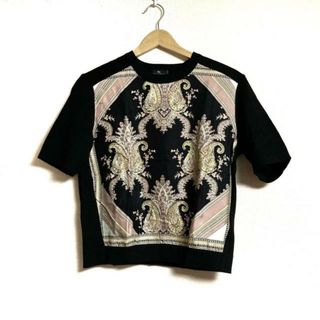 エトロ(ETRO)のETRO(エトロ) 半袖カットソー サイズ46 L レディース - 黒×ライトピンク×アイボリー クルーネック/前身頃シルク/ニット/ペイズリー柄(カットソー(半袖/袖なし))