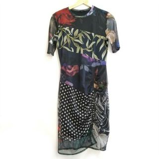 DESIGUAL - Desigual(デシグアル) ワンピース サイズEUR S レディース美品  - 黒×レッド×マルチ クルーネック/半袖/ひざ丈/ドット柄/花柄/豹柄/シースルー