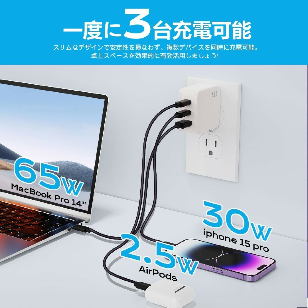 62  USB充電器 65W GaN Type C 急速充電器 高速充電器 PD スマホ/家電/カメラのスマートフォン/携帯電話(バッテリー/充電器)の商品写真