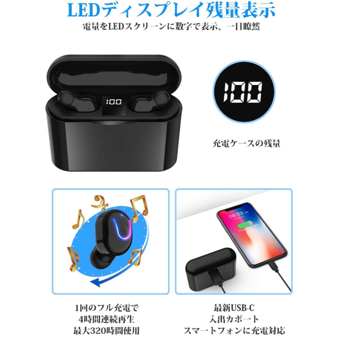 2024新登場 Bluetooth 5.0 ワイヤレスイヤホン  スマホ/家電/カメラのオーディオ機器(ヘッドフォン/イヤフォン)の商品写真