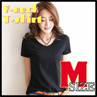 Vネック シャツ 半袖 きれいめ シンプル カットソー レディース Tシャツ 黒(Tシャツ(半袖/袖なし))