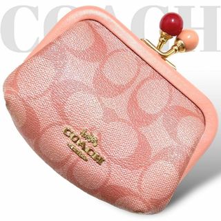 コーチ(COACH)の美品　コーチ　折り財布　ガマ口　コインケース　シグネチャー　PVC ピンク(財布)