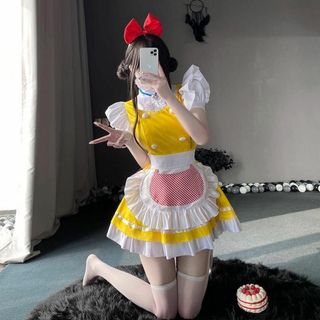 メイド服 ドラミちゃん風 可愛い 鈴 パニエ付き イエロー セット コスチューム(衣装一式)