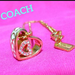 コーチ(COACH)のCOACH ダブルハート（ゴールド×ホワイト) ネックレス、美品(ネックレス)