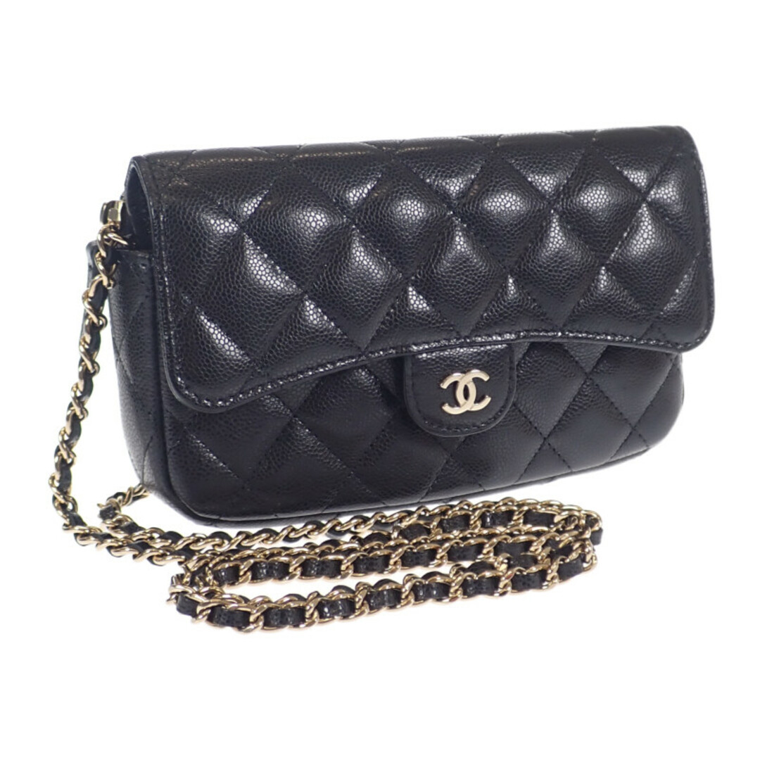 CHANEL(シャネル)の【中古】【Aランク】CHANEL シャネル マトラッセ フラップフォンケース チェーンウォレット ポシェット AP2096 キャビアスキン ブラック 【ISEYA】 レディースのバッグ(その他)の商品写真