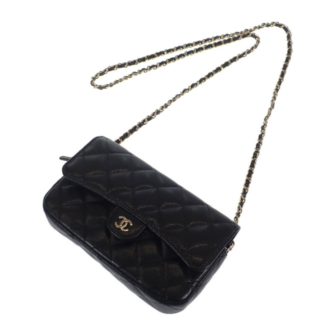 CHANEL(シャネル)の【中古】【Aランク】CHANEL シャネル マトラッセ フラップフォンケース チェーンウォレット ポシェット AP2096 キャビアスキン ブラック 【ISEYA】 レディースのバッグ(その他)の商品写真