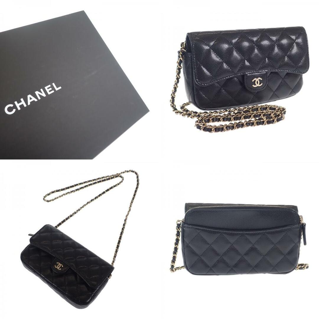 CHANEL(シャネル)の【中古】【Aランク】CHANEL シャネル マトラッセ フラップフォンケース チェーンウォレット ポシェット AP2096 キャビアスキン ブラック 【ISEYA】 レディースのバッグ(その他)の商品写真