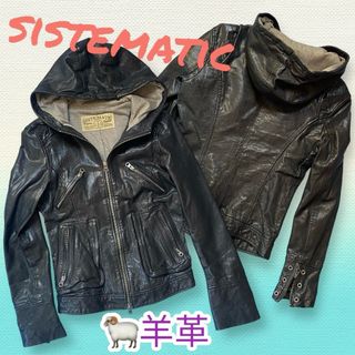 ★sistematic★  羊革　本革　レザージャケット フード付き　ブラック(ライダースジャケット)