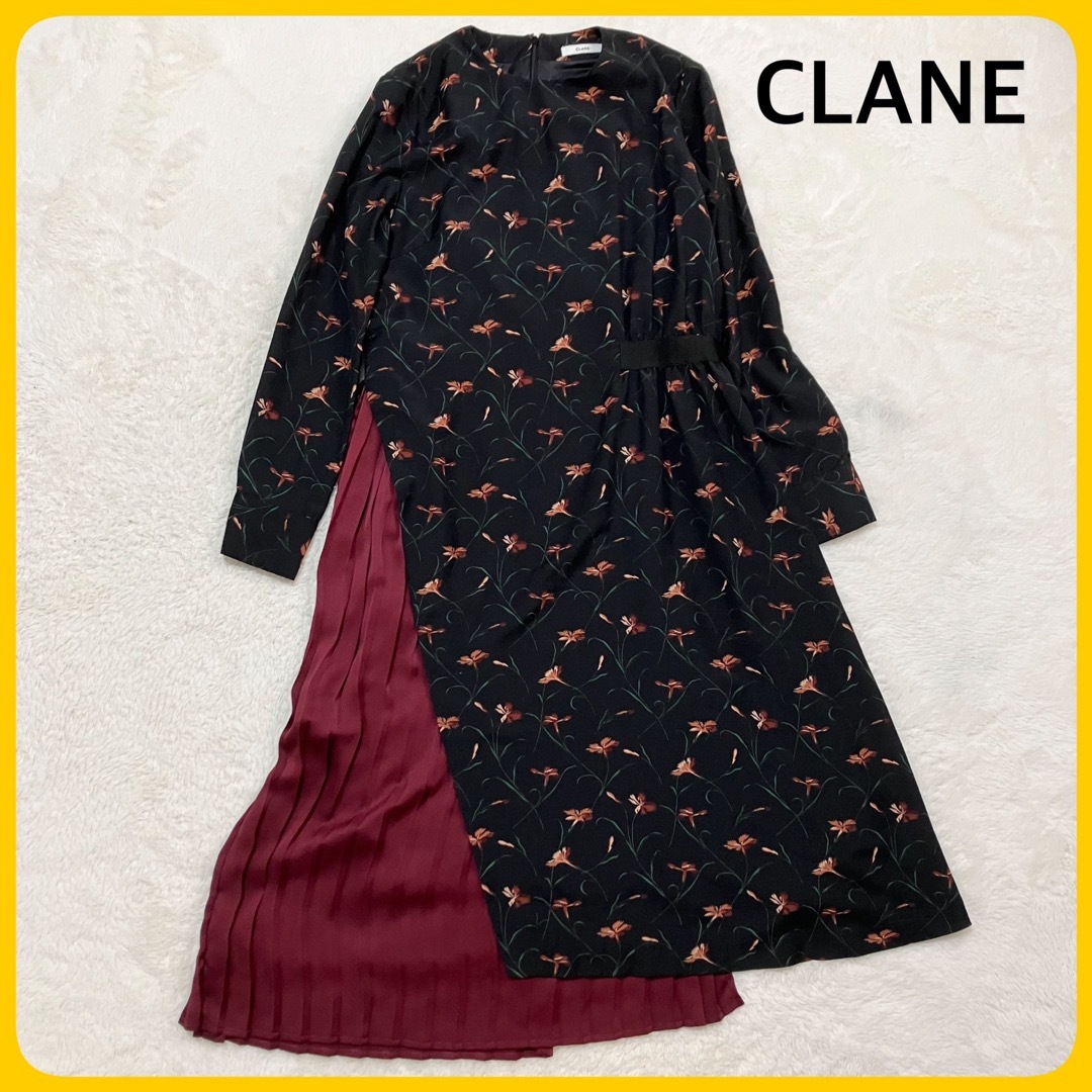 CLANE(クラネ)の美品 CLANE アシメントリー 花柄 長袖 ワンピース 袖口ボタン 切替 黒 レディースのワンピース(ロングワンピース/マキシワンピース)の商品写真