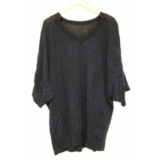 ワイズ(Y's)の【春夏物 新入荷】●Y's/ワイズ●コトンリネンワイドニット/セーター/半袖/Vネック/切替 ブラック×ネイビー/黒×紺 レディース 2 【中古】春夏 213042(ニット/セーター)