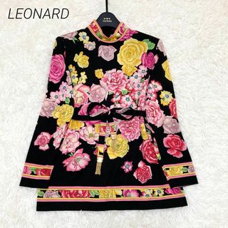 レオナール(LEONARD)のLEONARD チュニック　花柄　トリム　シルク混　リボン　ブラック　Mサイズ(チュニック)