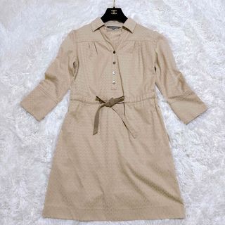 ローラアシュレイ(LAURA ASHLEY)のLAURA ASHLEY  七分袖 シャツワンピース ベージュ ベルト(ひざ丈ワンピース)