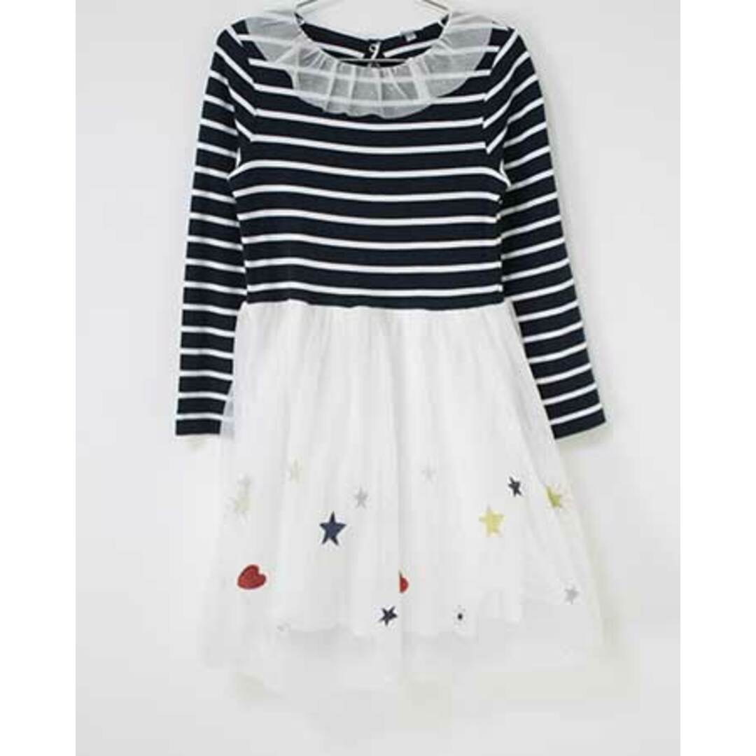 PETIT BATEAU(プチバトー)の【春物 新入荷!】〓プチバトー/PETIT BATEAU〓128cm(8ans)  長袖ワンピース  紺×白【中古】 子供服 キッズ kids  女の子 春秋 onepi 023042 キッズ/ベビー/マタニティのキッズ服女の子用(90cm~)(ワンピース)の商品写真