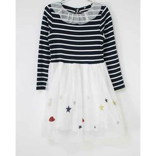 プチバトー(PETIT BATEAU)の【春物 新入荷!】〓プチバトー/PETIT BATEAU〓128cm(8ans)  長袖ワンピース  紺×白【中古】 子供服 キッズ kids  女の子 春秋 onepi 023042(ワンピース)