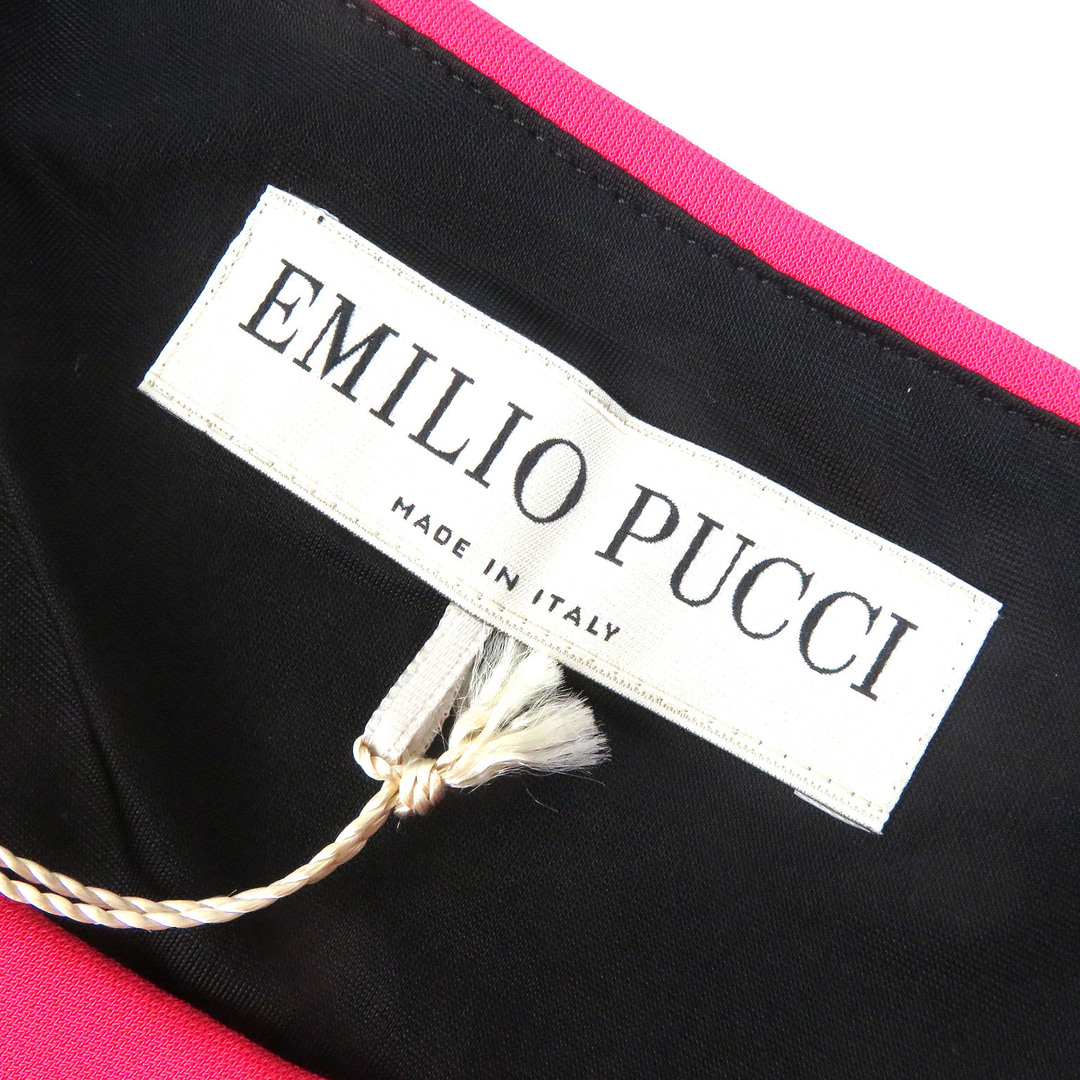 EMILIO PUCCI(エミリオプッチ)の未使用品△Emilio Pucci エミリオプッチ 41RH48 裾総柄 サイドドレープデザイン ノースリーブ ワンピース レッドピンク系 42 ハンガー付き イタリア製 正規品 レディース レディースのワンピース(ひざ丈ワンピース)の商品写真