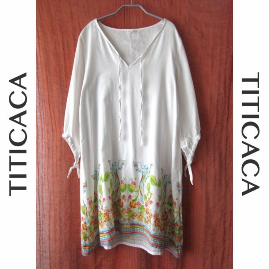 titicaca(チチカカ)の美品　TITICACA／チチカカ★　ゆったりサイズ　プリントが可愛い薄ワンピース レディースのワンピース(ひざ丈ワンピース)の商品写真