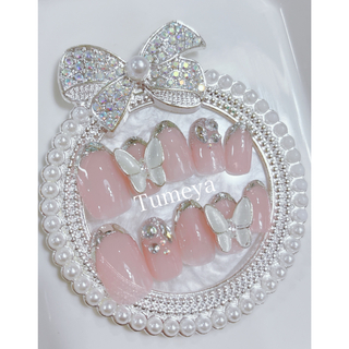 ネイルチップ　ガラスフレンチ　ピンク　蝶々　韓国　ワンホン　キラキラ(つけ爪/ネイルチップ)
