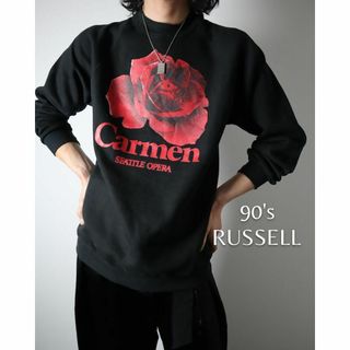 ラッセルアスレティック(Russell Athletic)の90s RUSSELL ラッセル ローズ 薔薇 プリント ラグランスウェット 黒(スウェット)