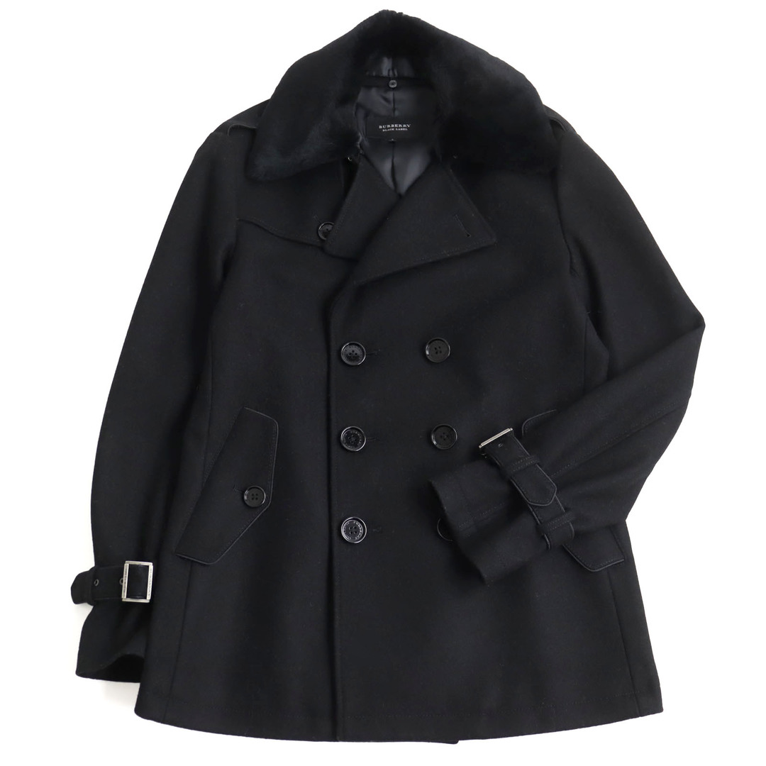 BURBERRY BLACK LABEL(バーバリーブラックレーベル)の極美品○BURBERRY BLACK LABEL バーバリーブラックレーベル BMP38-334-09 襟ラビットファー使い ダブルブレスト ピーコート ブラック L 正規品 メンズ メンズのジャケット/アウター(ピーコート)の商品写真